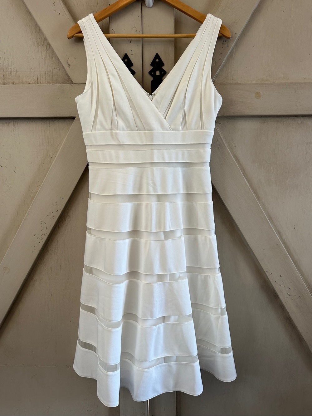 White House Black Market Ecru Shadow Stripe Tiered Dress NWT Size 8